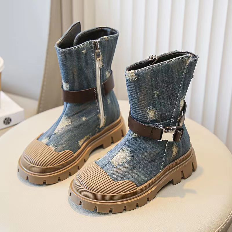 Boots Girls Short Boots Autumn Denim Side Zipper Short Boots Shell Head Thick Sole Casual British Style Girls Shoes 2637 230906