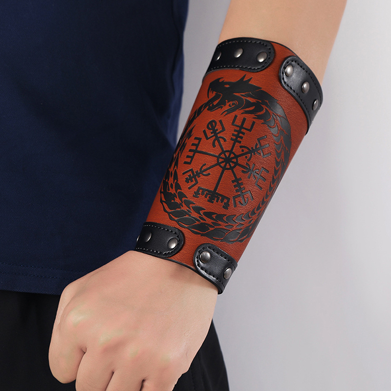 Bangle Odin Symbol of Runes Wide Bangle Nordic Viking Compass Punk Dragon Head Leather Bracelet Men Cuff Wristband Jewelry Gift 230907