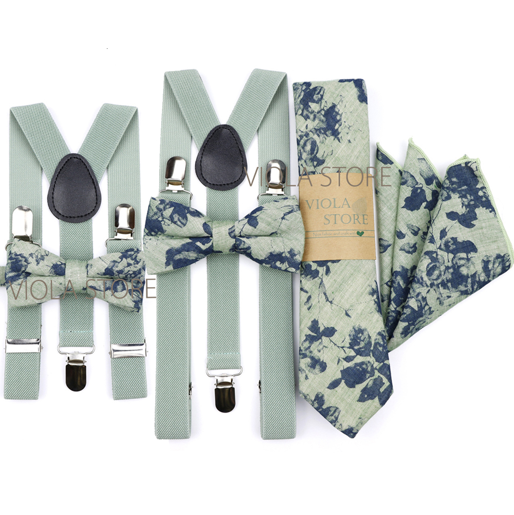 Suspenders Men Kid Sage Green Floral 2.5cm Suspenders 6.5cm 100% Cotton Tie Hankie Bow Set Cravat Brace Adjustable Straps Wedding Accessory 230907