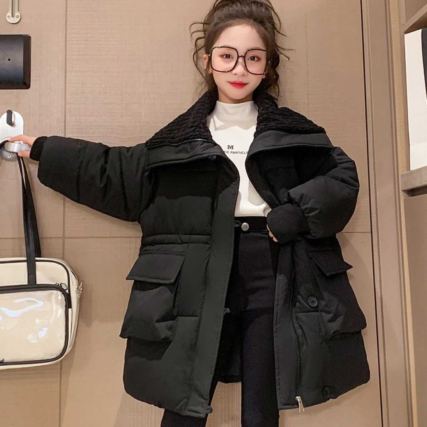 Down Coat 4-12 Years Winter Girls Jacket Solid Color Keep Warm Fashion Coat Hooded Zipper Slim Kids Down Cotton Clothes R230905