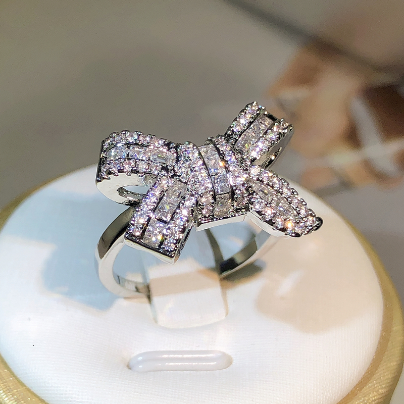 Wedding Rings 925 Silver Color Bowknot Bow Knot Bling Zircon Stone Rings for Women Fashion Wedding Engagement Jewelry 230907