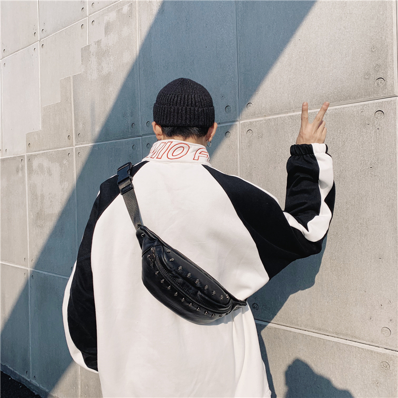 Waist Bags Annmouler Fashion Unisex Waist Pack Bag Pu Leather Skull Chest Bag Black Shoulder Phone Pouch Large Men Women Fanny Pack Bum Bag 230907