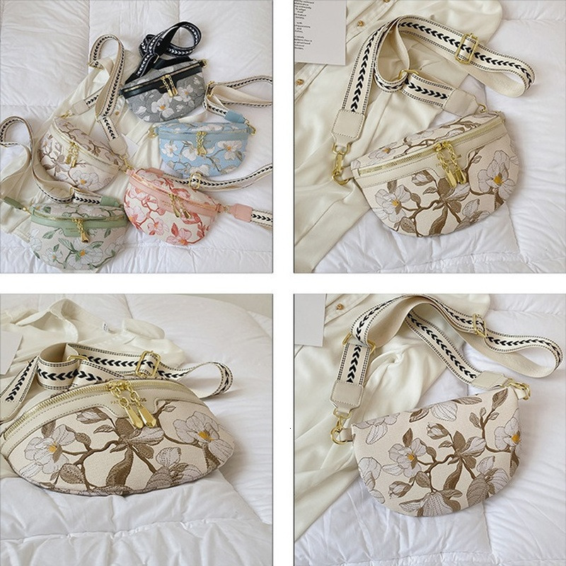 Waist Bags Elegant Flower Printed PU Leather Waist Bags For Women Chain Zipper Waist Pack Female Fanny Pack Wide Strap Crossbody Chest Bag 230907
