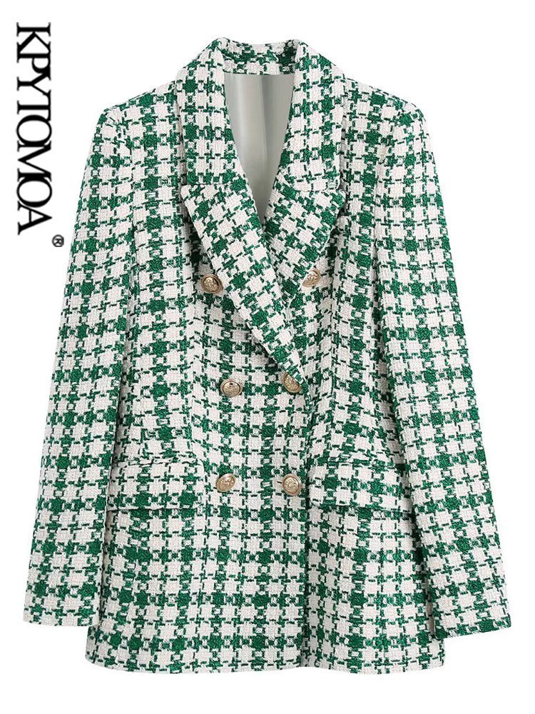 Womens Suits Blazers KPYTOMOA Women Fashion Tweed Double Breasted Blazer Coat Vintage Long Sleeve Flap Pockets Female Outerwear Chic Veste Femme 23090