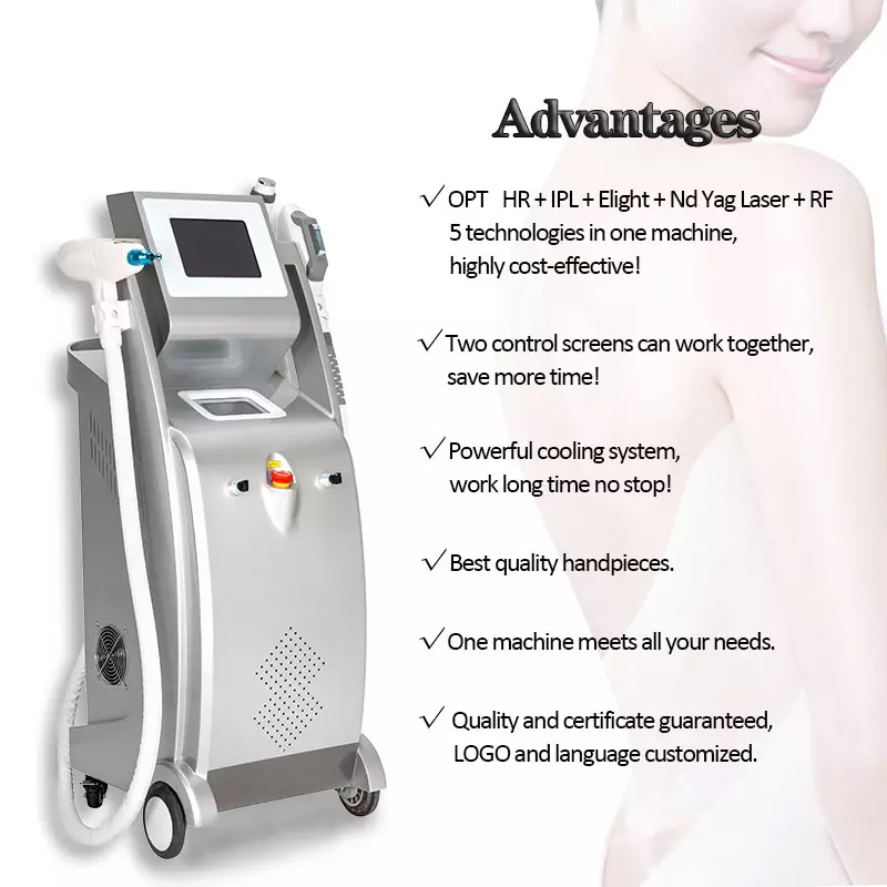 Nd Yag Laser Tattoo Pigment Removal OPT Painless Hair Remove RF Skin Rejuvenation Body Contouring 5 in 1 Multifunction Beauty Instrument Changeable La