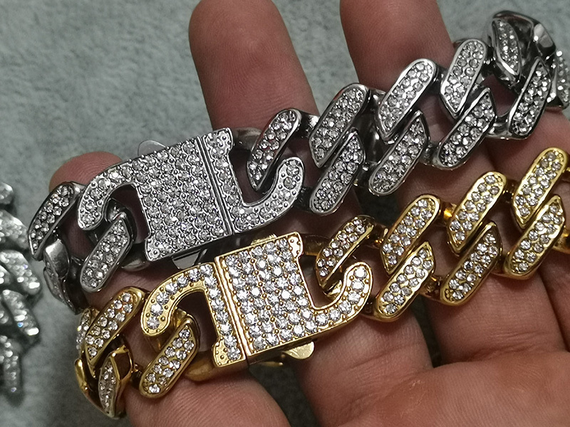 Bangle Hip Hop Bling Iced Out Stainless Steel Cuban Miami Link Chain Bracelets for Men Rock Jewelry Gold Silver Color Gift 230907