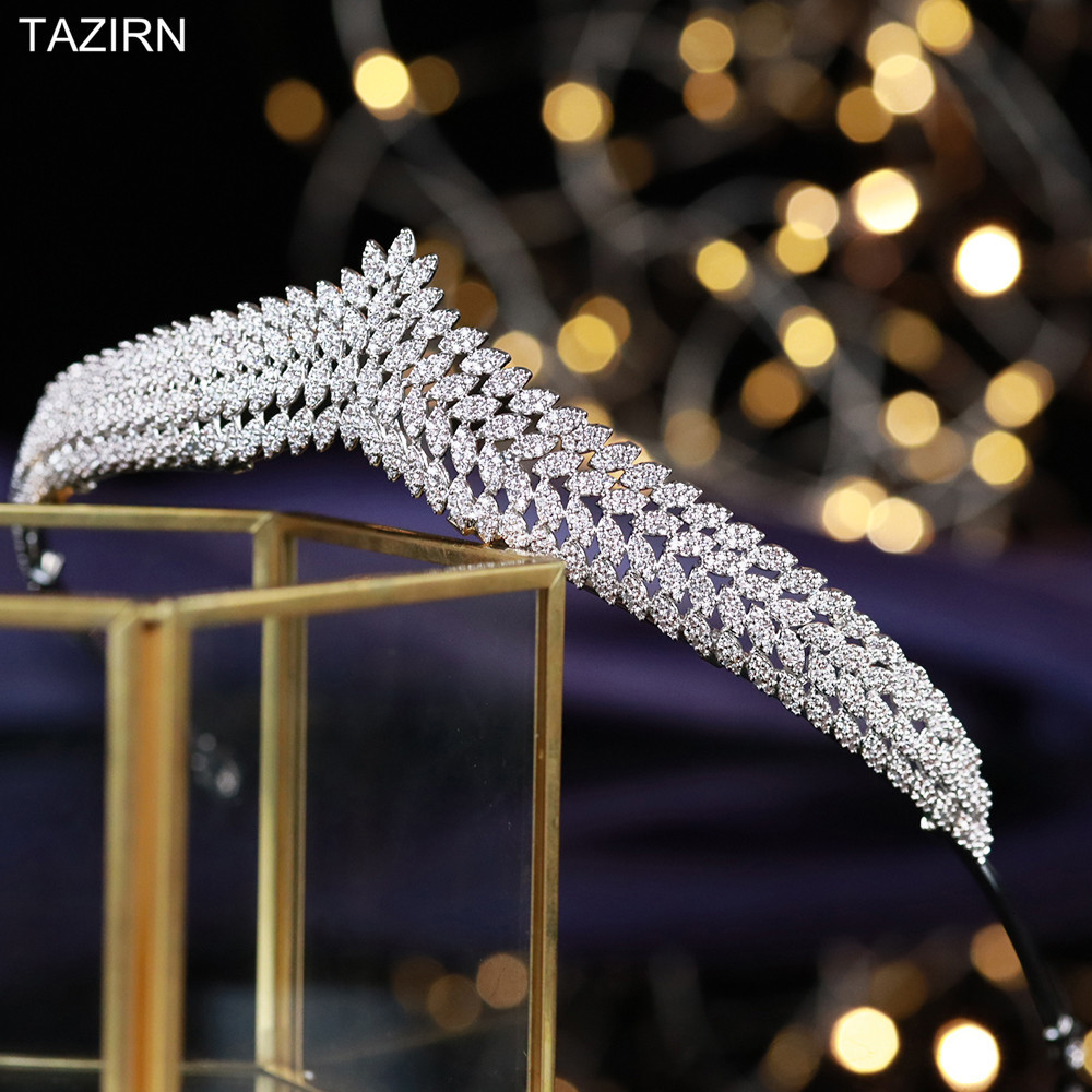Wedding Hair Jewelry TAZIRN Wedding Bride Crowns Zircon Diadem Arab Tiaras CZ Princess Headwear Elegant Pageant Party Hair Accessories for Women Gift 