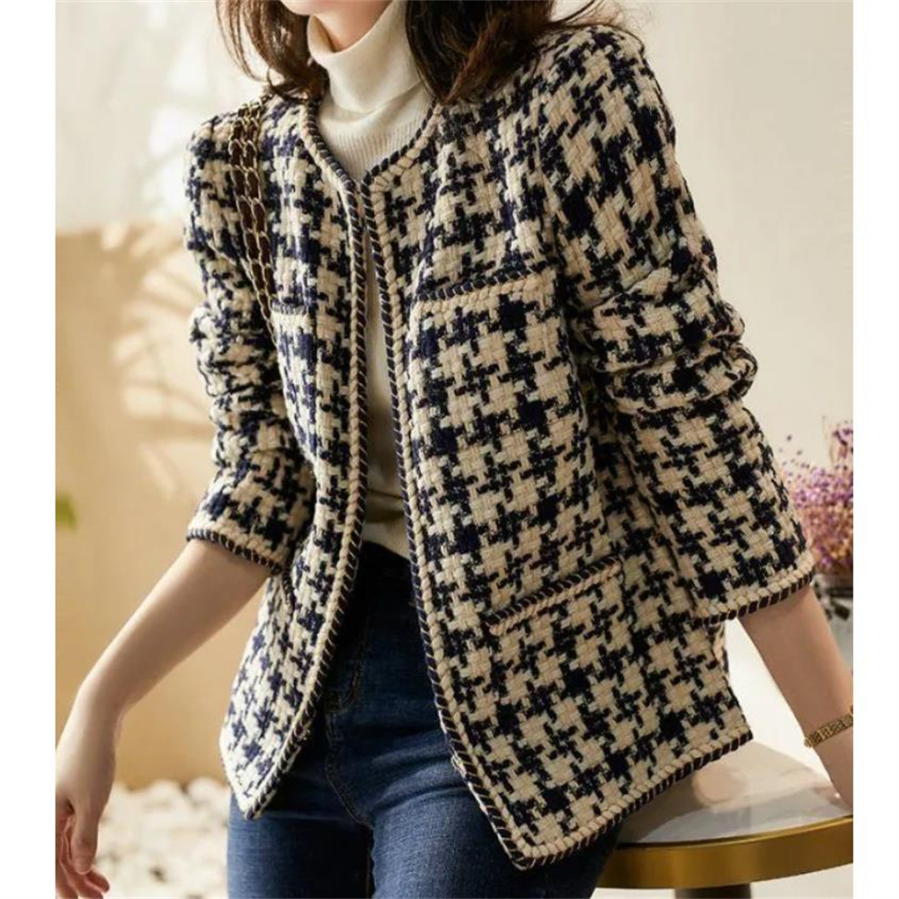 Womens Wool Blends Elegant Weave Plaid Outerwear Women Blazer Pocket Lining Autumn Winter Causal Tweed Coat Ol Suit Jacket Tweed With Cotton 230906