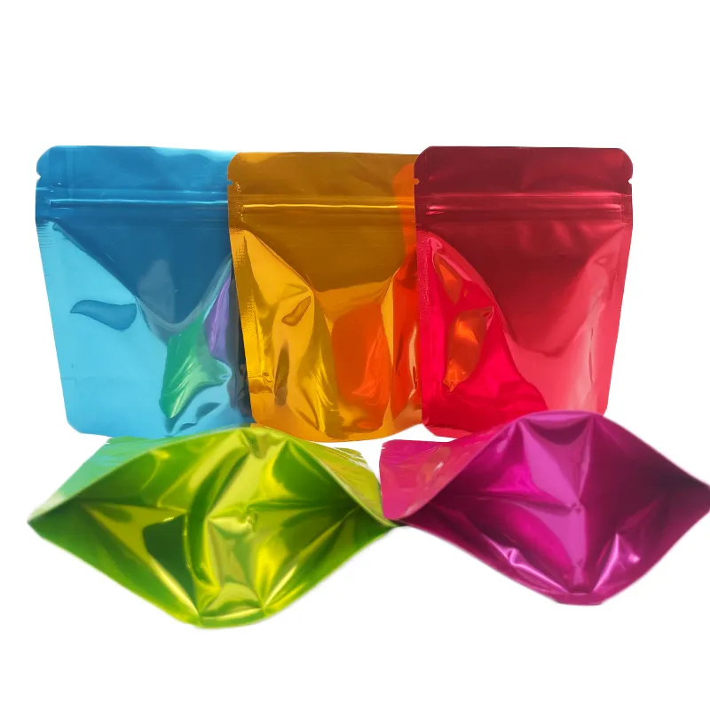 wholesale Glossy metallic plain mylar bags stand up pouch 3.5g resealable zipper strain lable cali packs LL