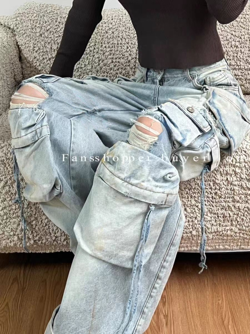 Women's Jeans Heavy Industry Multi-Pocket Washed Cargo Pants Women Y2K Vintage Streetwear High-Rise Loose Oversized Straight-Leg Jeans 230907