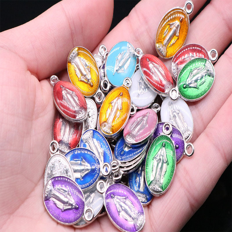 Charms Religious Miniature Blue Mary Catholic Gift Virgin Mary Sacred Heart Charm Trophy Holy Medal 100pcs 230907