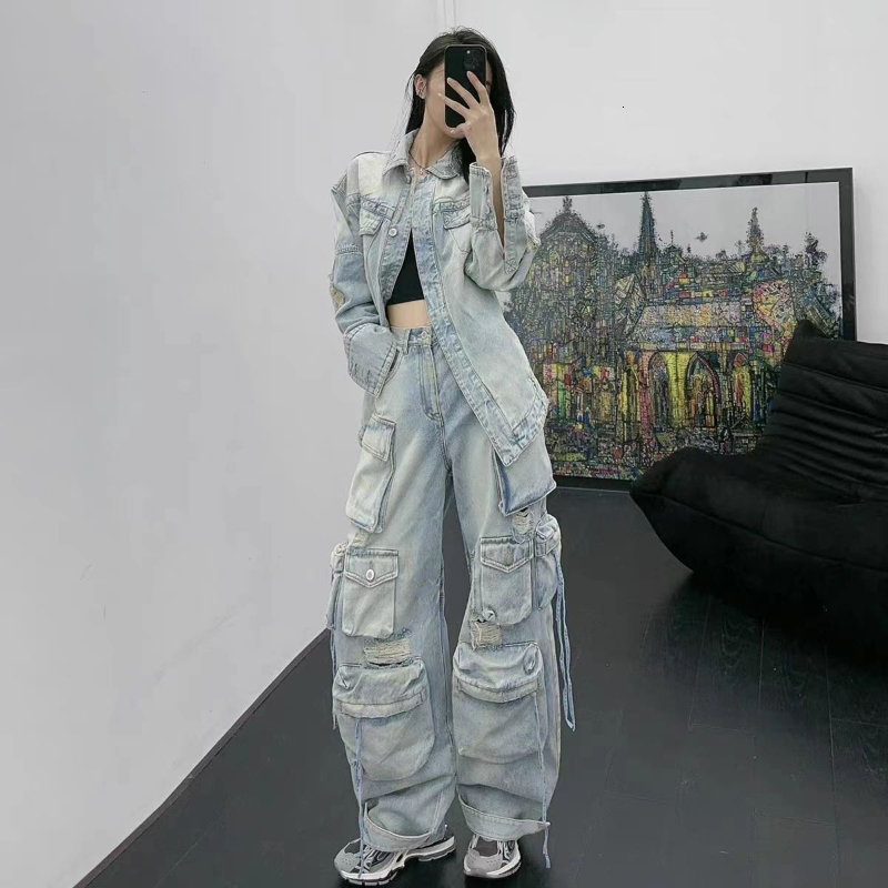 Women's Jeans Heavy Industry Multi-Pocket Washed Cargo Pants Women Y2K Vintage Streetwear High-Rise Loose Oversized Straight-Leg Jeans 230907