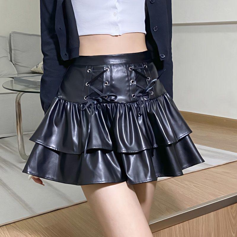 Skirts STSVZORR Y2K Lacing Black Leather Skirt Half Womens PU High Waist Bow Slim Pleated Mini