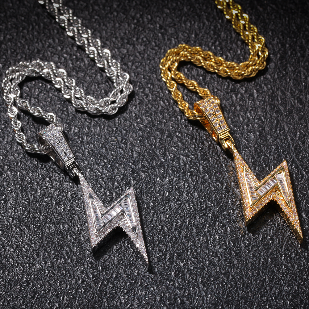 Pendant Necklaces THE BLING KING Iced Bolt Necklaces Fashion CZ Pendant Lightning Pendants Jewelry Mens Fashion Hiphop Chains Drop 230908