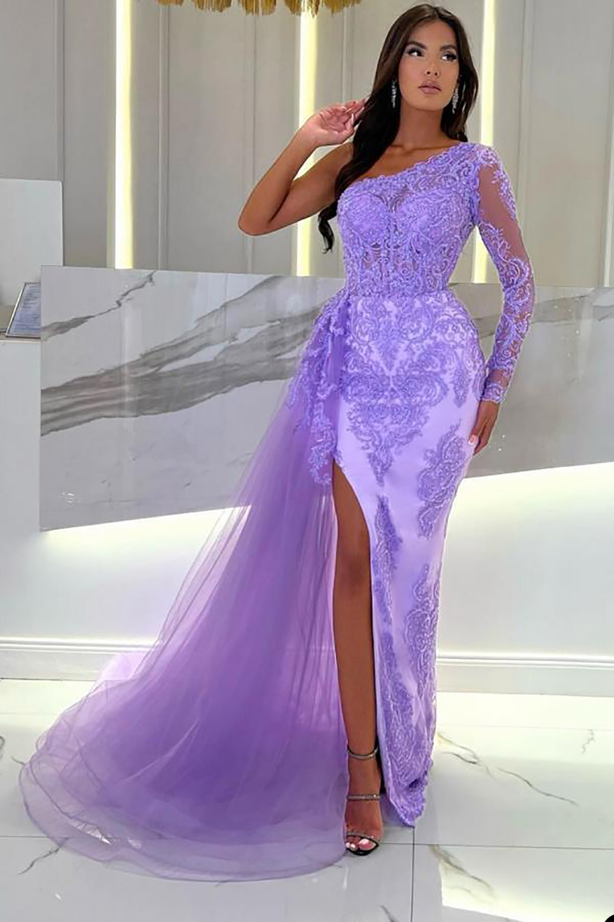 Elegant Mermaid Evening Dress Luxury Arabic Purple One Shoulder Formal Prom Occasion Lace Appliques Party Gown