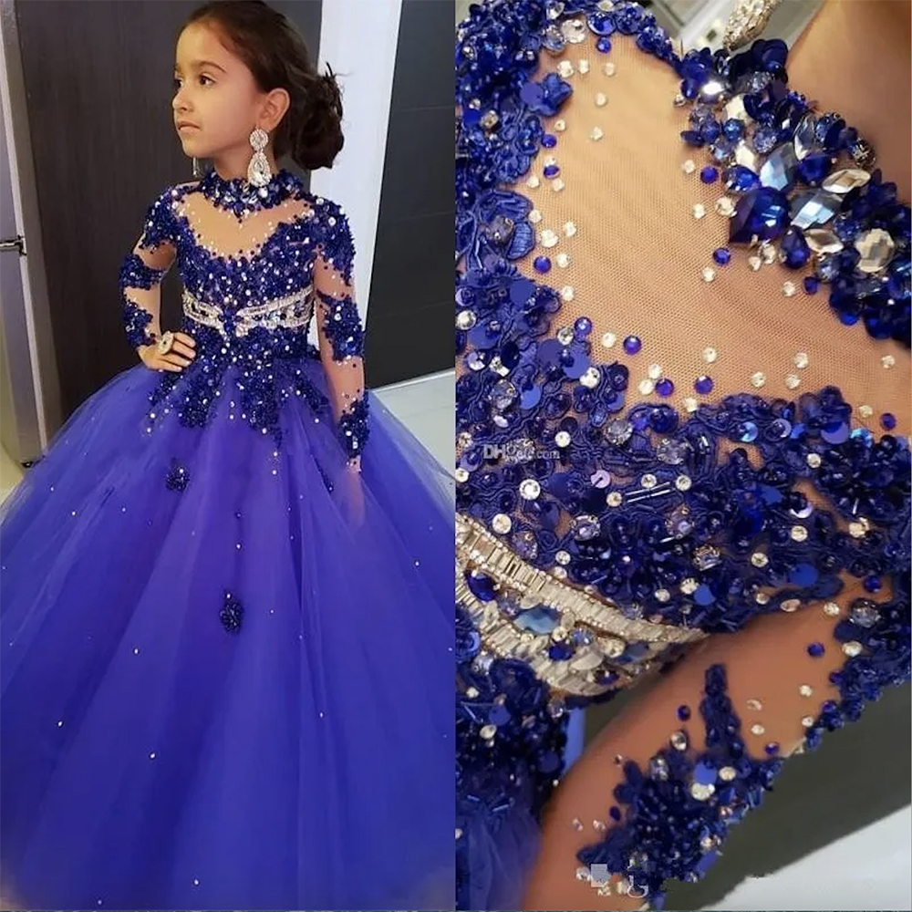 2023 High Neck Girls Pageant Dresses For Weddings Long Sleeve Royal Blue Beads Flower Girl Dress Floor Length Kids Birthday Communion Dress