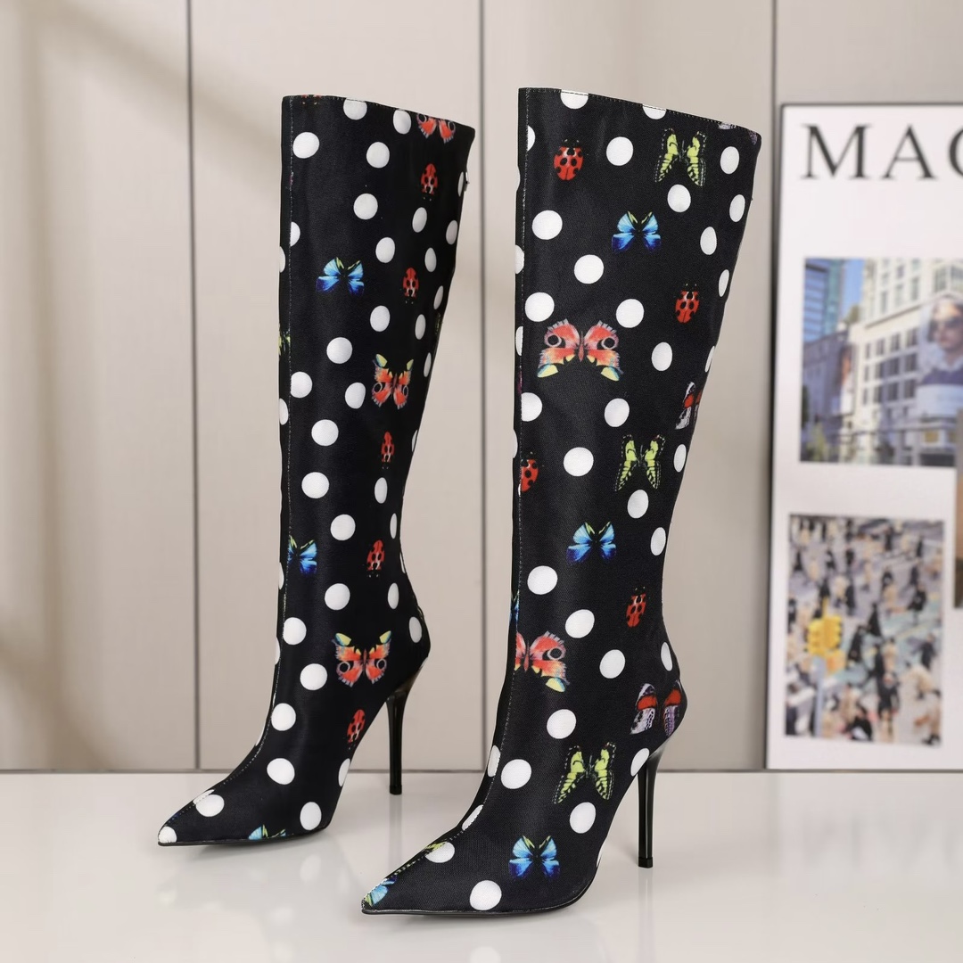 Luxury Brand Womens Thigh-High Knight Long Boots High Heel 10.5CM Outdoor Canvas Printing Zip Shoes Size 35-42