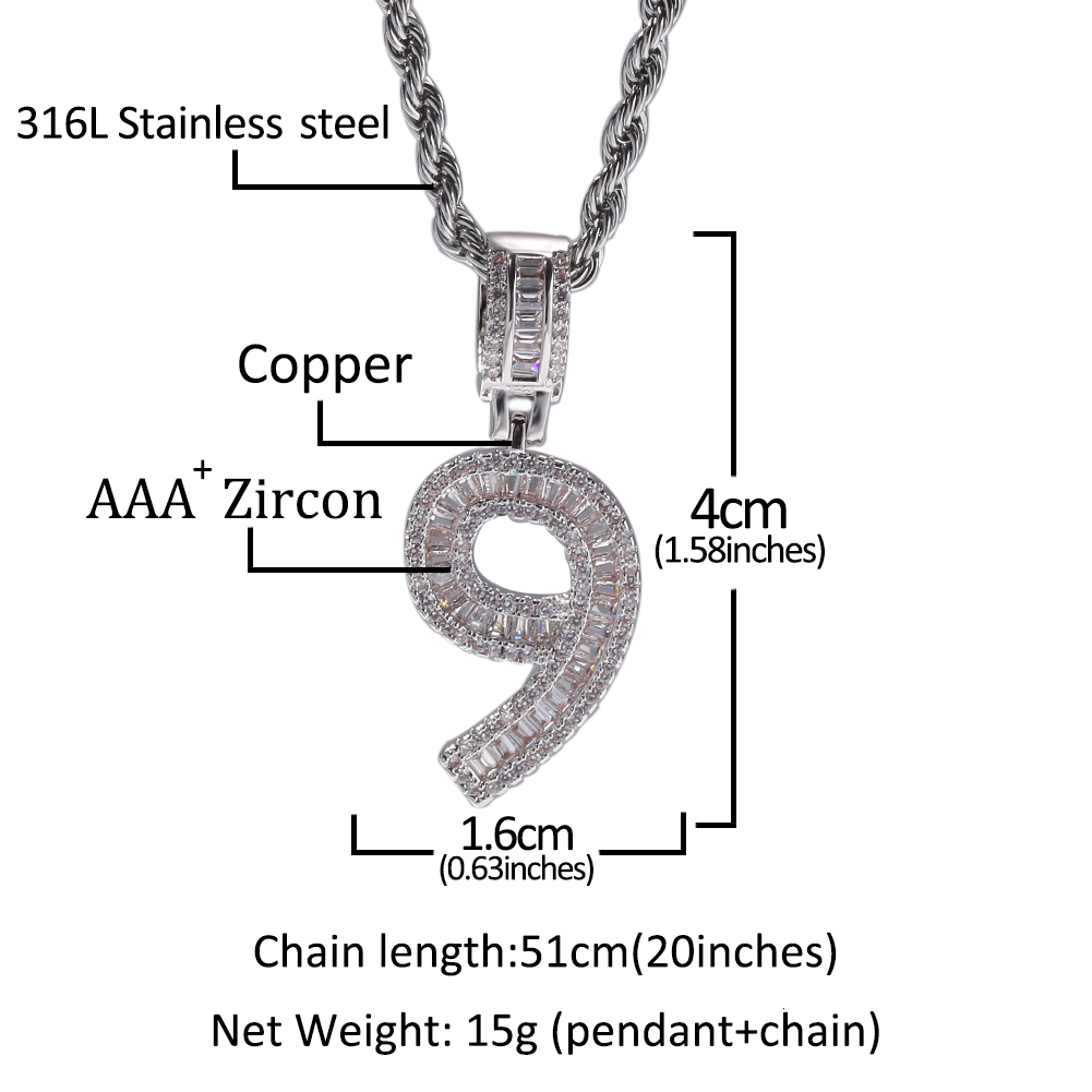 Pendant Necklaces THE BLING KING Baguettecz Numbers Chain Necklaces Pendant Rope/Cuban Chain For Men Women Iced Out Cubic Zircon Hiphop Jewelry 230908