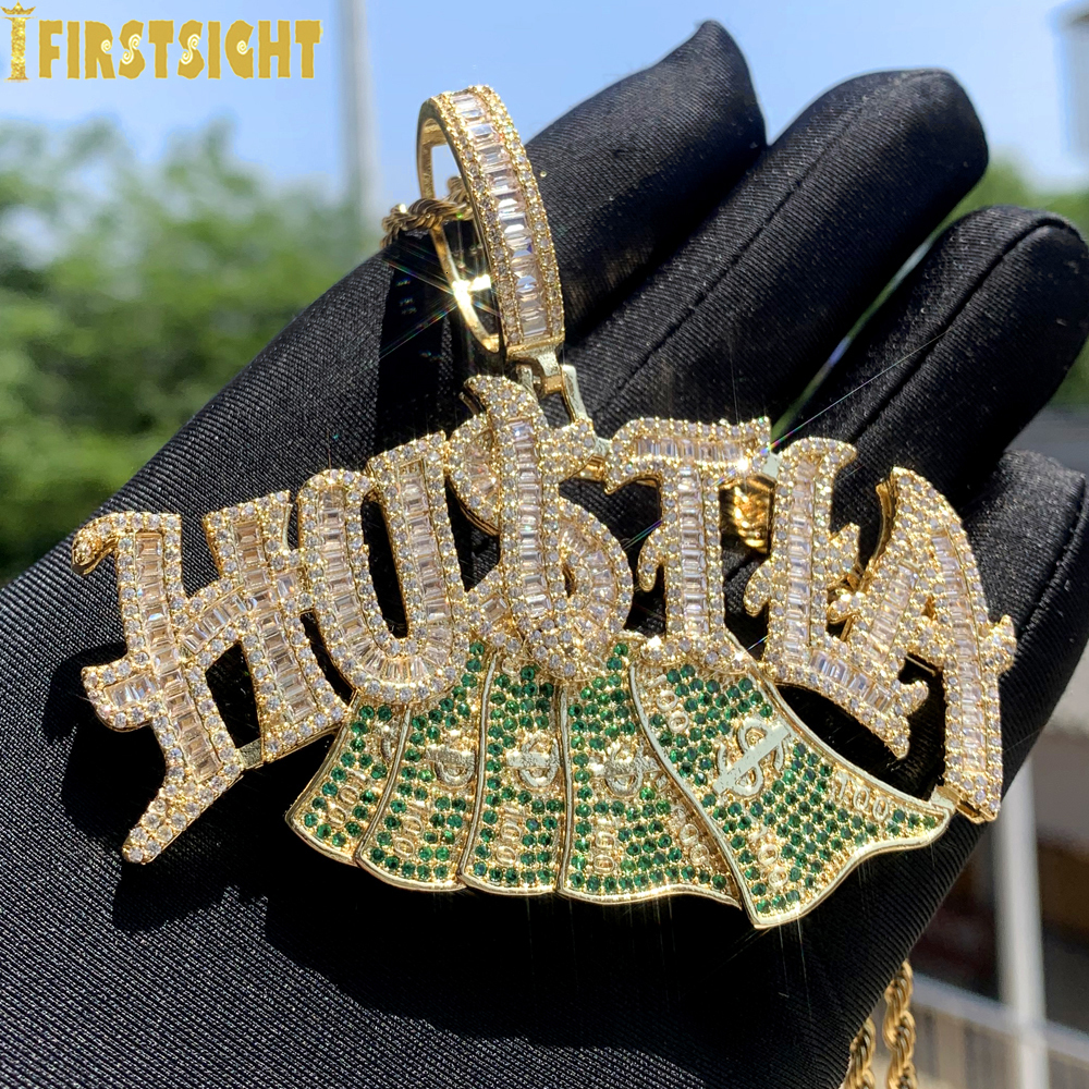 Charms Iced Out Bling Letter Hustla Pendant Necklace Gold Plated Full CZ Zircon Money Charm Men Fashion Hiphop Jewelry 230908