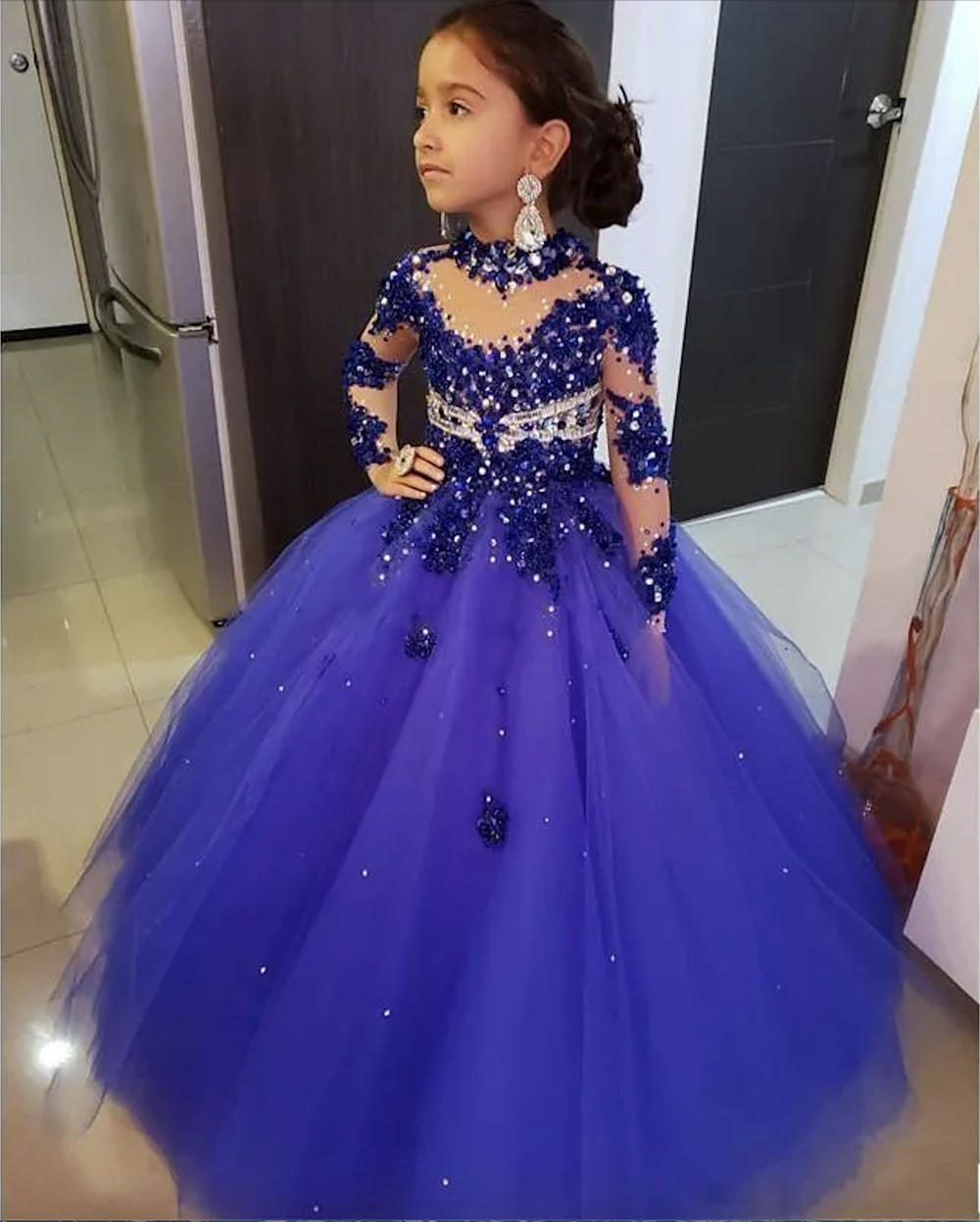 2023 High Neck Girls Pageant Dresses For Weddings Long Sleeve Royal Blue Beads Flower Girl Dress Floor Length Kids Birthday Communion Dress