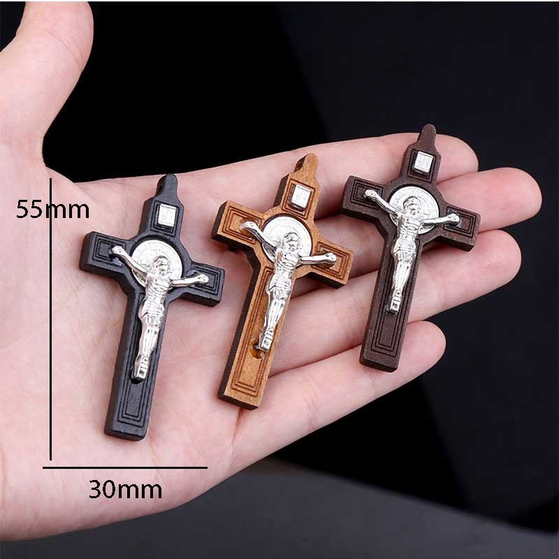 Charms 50 Pieces / St. Benedict Wooden Cross Medal Old Wooden Medal Rosary Cross Necklace Vintage Catholic Jesus Jewelry 230907