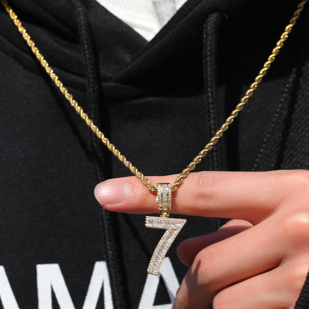 Pendant Necklaces THE BLING KING Baguettecz Numbers Chain Necklaces Pendant Rope/Cuban Chain For Men Women Iced Out Cubic Zircon Hiphop Jewelry 230908