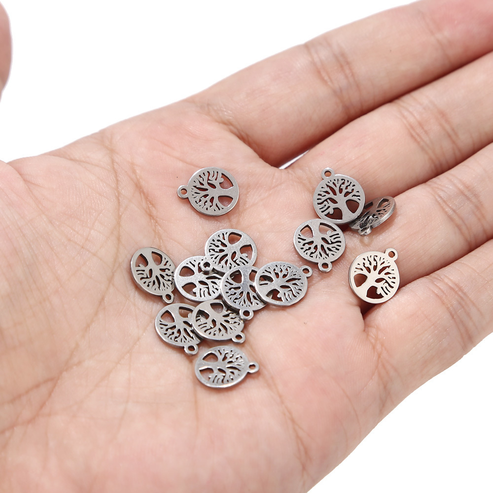 Charms 80pcs 10mm Stainless Steel Round Tree Life Charms Pendants Beads Bulk Jewelry Findings Making Accessory for DIY Craft Bracelet 230907