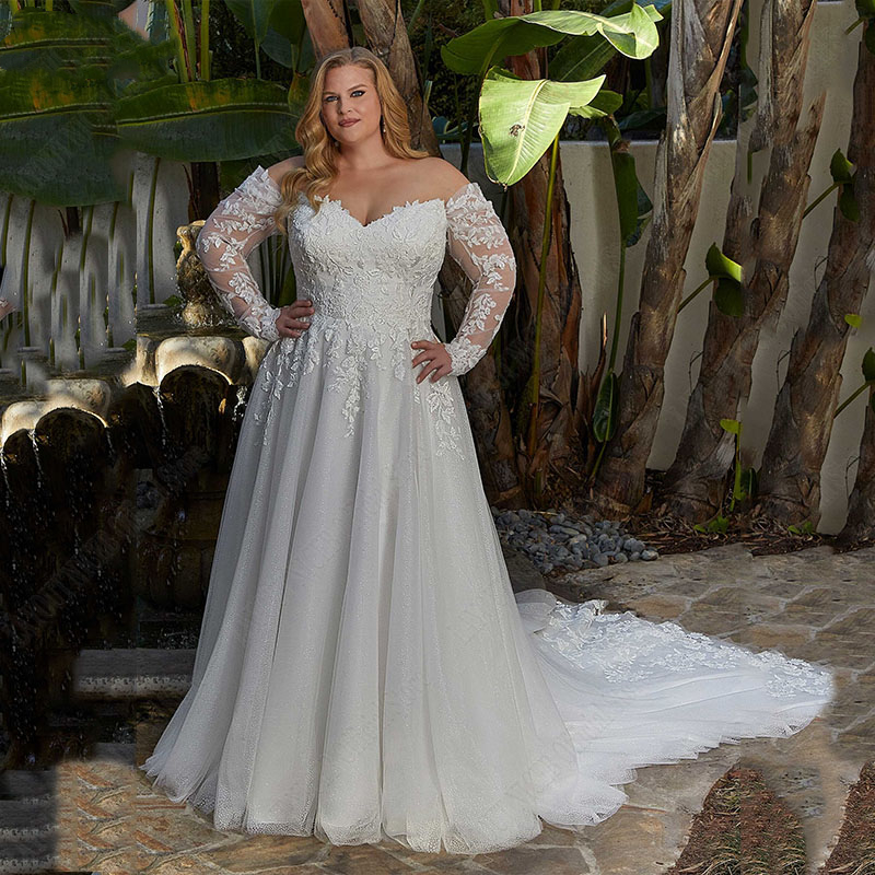Long Train A Line Wedding Dresses Off The Shoulder Full Sleeves Lace Appliqued White Bridal Gowns Plus Size Bride Formal Wear