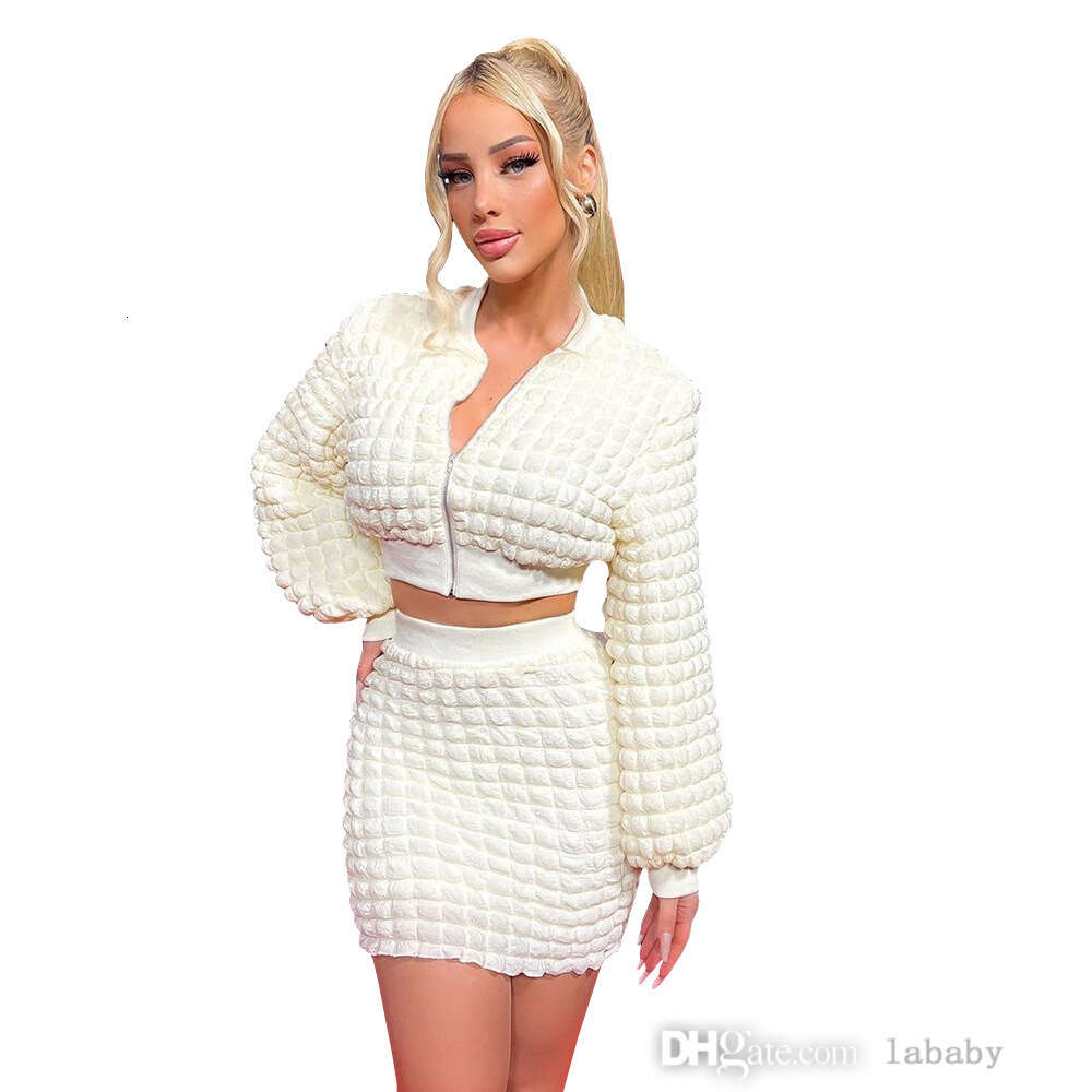 Autumn Womens Two Piece Dress Set Fashion Pleated Tracksuit Zipper Long Sleeve Crop Top Coat Casual Slim Fit Wrap Hip Mini Skirt Sets Outfits