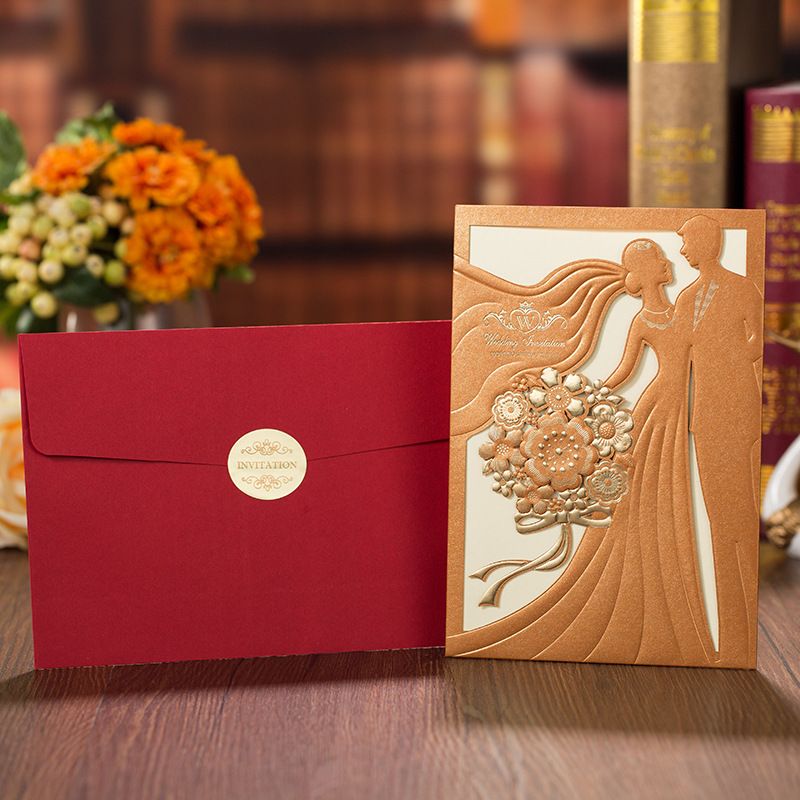 Personalized Wedding Invitations Cards With Hollow Lace Gold Dress Bridal and Groom Laser Cut Party Cards ZZ