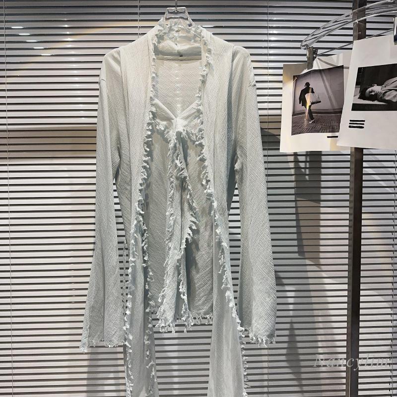 Work Dresses 2023 Autumn Fashion Skirt Sets Two Piece Suit Women Frayed Scarf Long Sleeve T Shirt Top Irregular Short Linen Suits