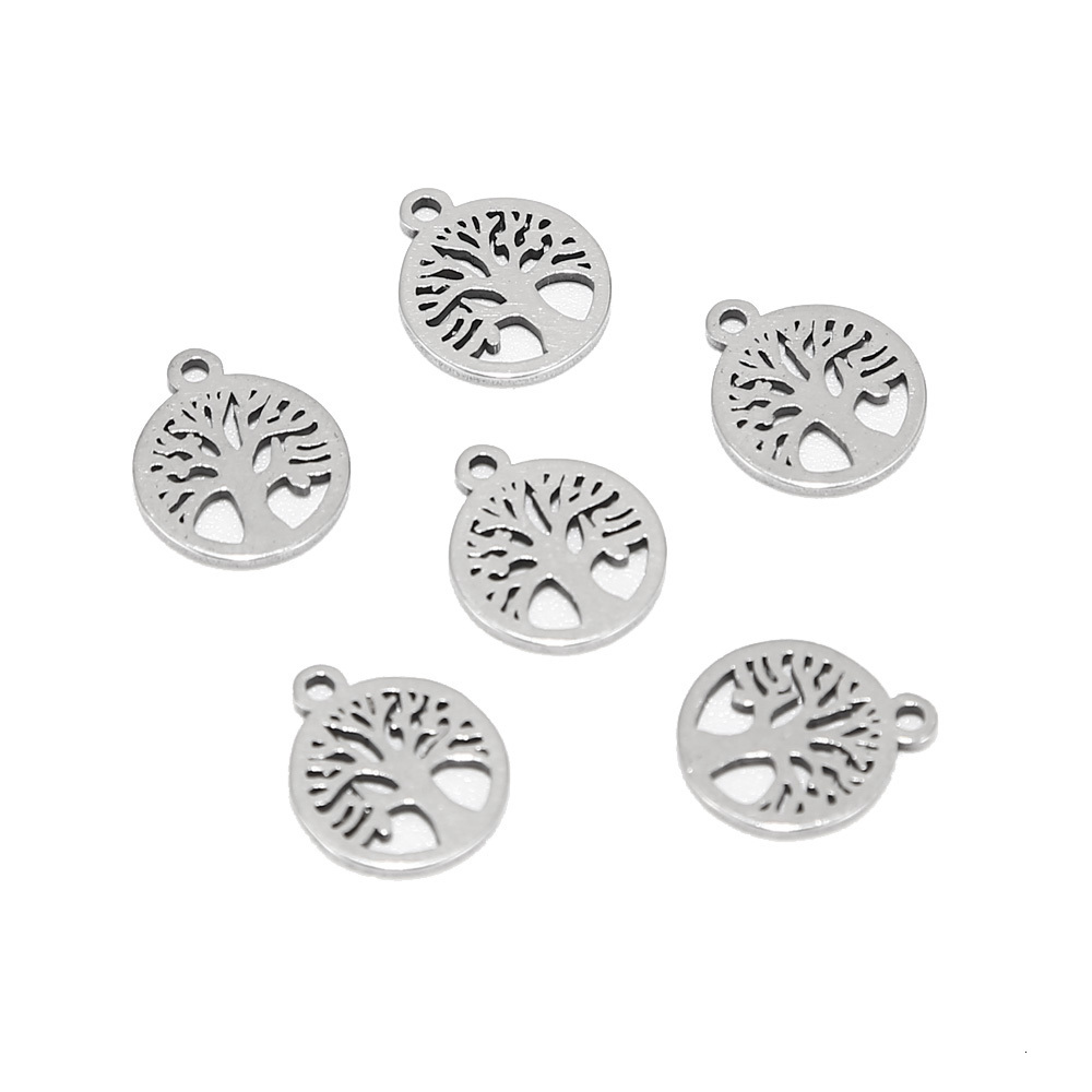 Charms 80pcs 10mm Stainless Steel Round Tree Life Charms Pendants Beads Bulk Jewelry Findings Making Accessory for DIY Craft Bracelet 230907