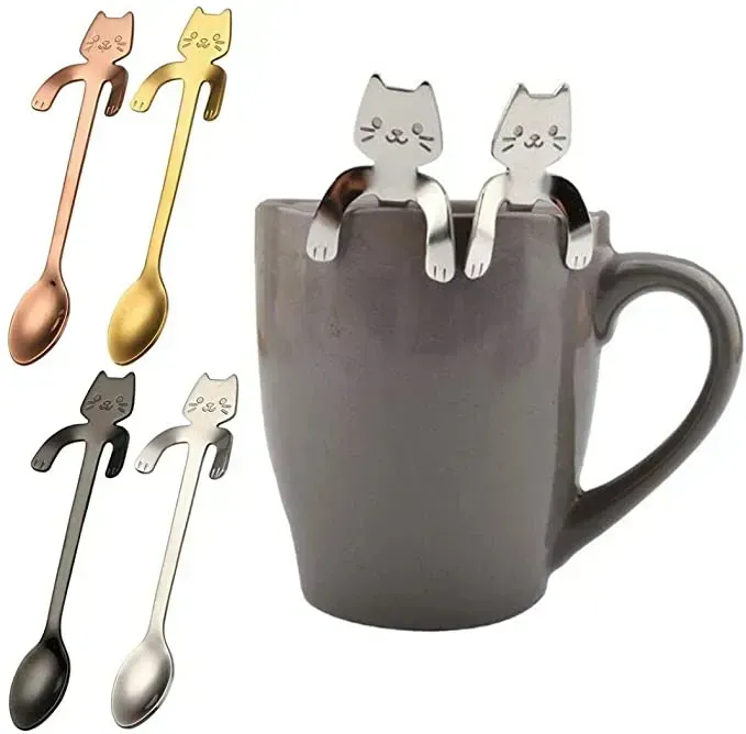 Stainless Steel Cat-Shaped Coffee Tea Spoons with Long Handles, Creative Mini Cat Spoon Drinking Tools for Kitchen and Tableware