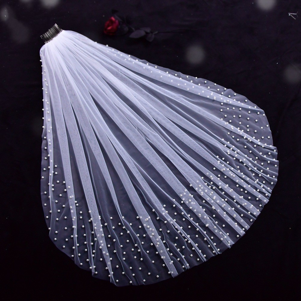 2023 Wedding Accessories Soft Tulle Pearls One Layer Cut Edge Long Short Cathedral Wedding Veil Bridal Veil with Comb