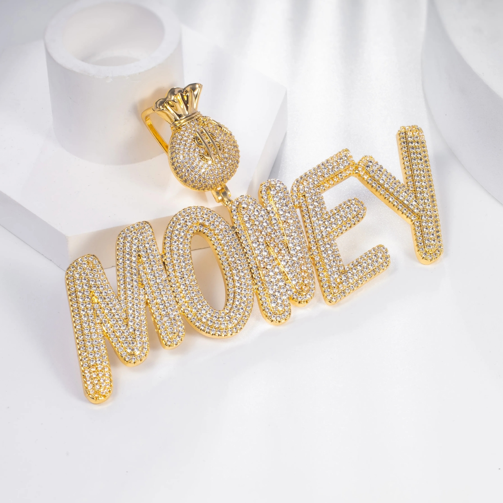 Charms THE BLING KING Custom Bubble Letters With Dollar Sign Money Bag Clasp Name Pendant Necklace Iced Out CZ Charm Hiphop Jewelry 230908