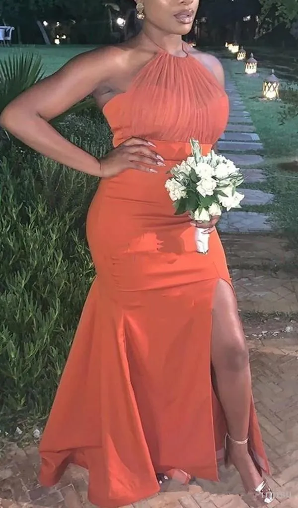 Orange Bridesmaid Dark Dresses Mermaid or Length Halter Side Slit Beach Plus Size Wedding Guest Gowns Custom Made Formal Evening Wear