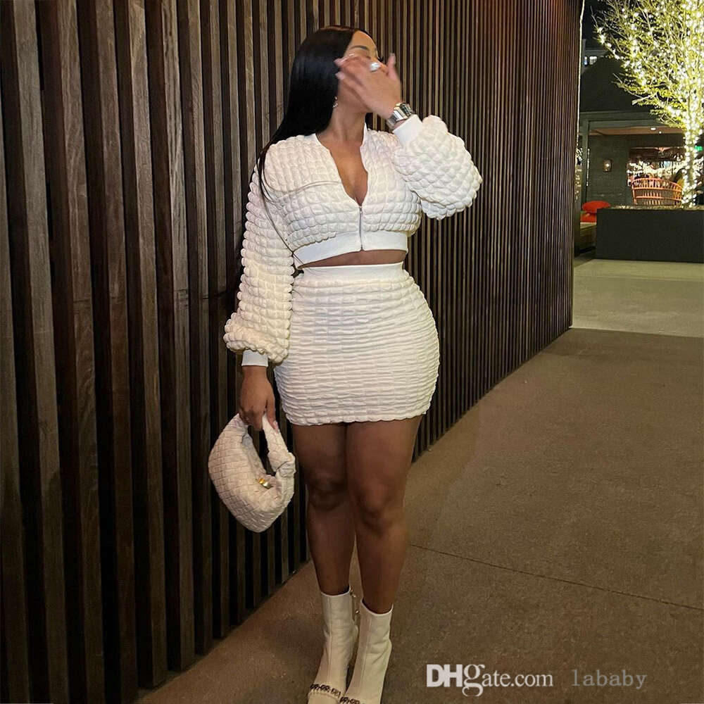 Autumn Womens Two Piece Dress Set Fashion Pleated Tracksuit Zipper Long Sleeve Crop Top Coat Casual Slim Fit Wrap Hip Mini Skirt Sets Outfits