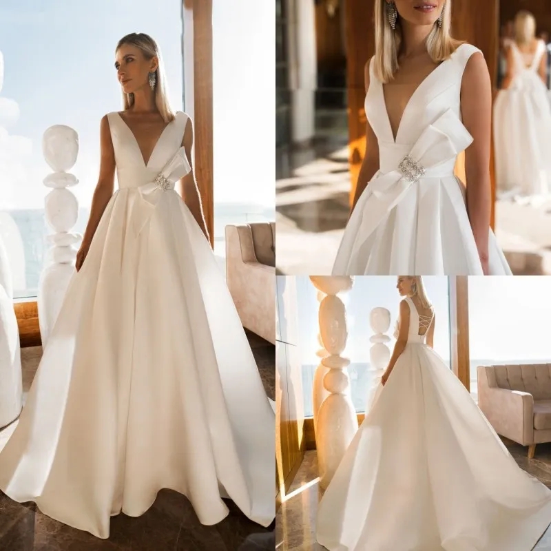 A Line Beach Wedding Dresses V Neck Sleeveless Bow Beads Satin Wedding Dresses Sweep Train Boho Bridal Gowns
