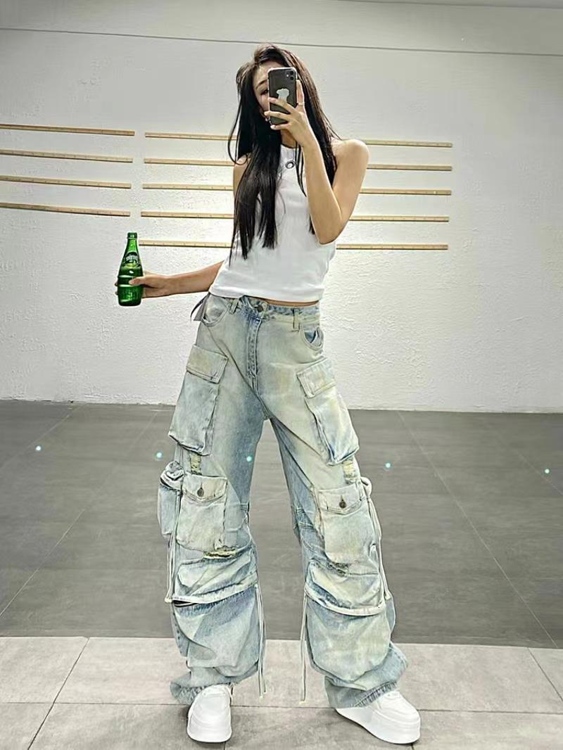 Women's Jeans Heavy Industry Multi-Pocket Washed Cargo Pants Women Y2K Vintage Streetwear High-Rise Loose Oversized Straight-Leg Jeans 230907