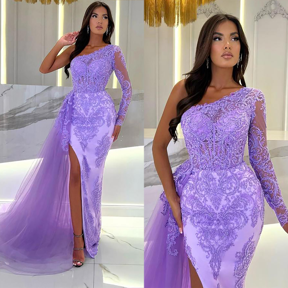 Elegant Mermaid Evening Dress Luxury Arabic Purple One Shoulder Formal Prom Occasion Lace Appliques Party Gown