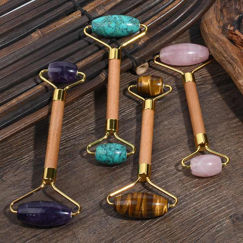 Beauty Rose Quartz Face Roller Face Care Tools Wooden Handle Jade Double Heads Facial Massage Roller Healing Stone Health Crystal Massager