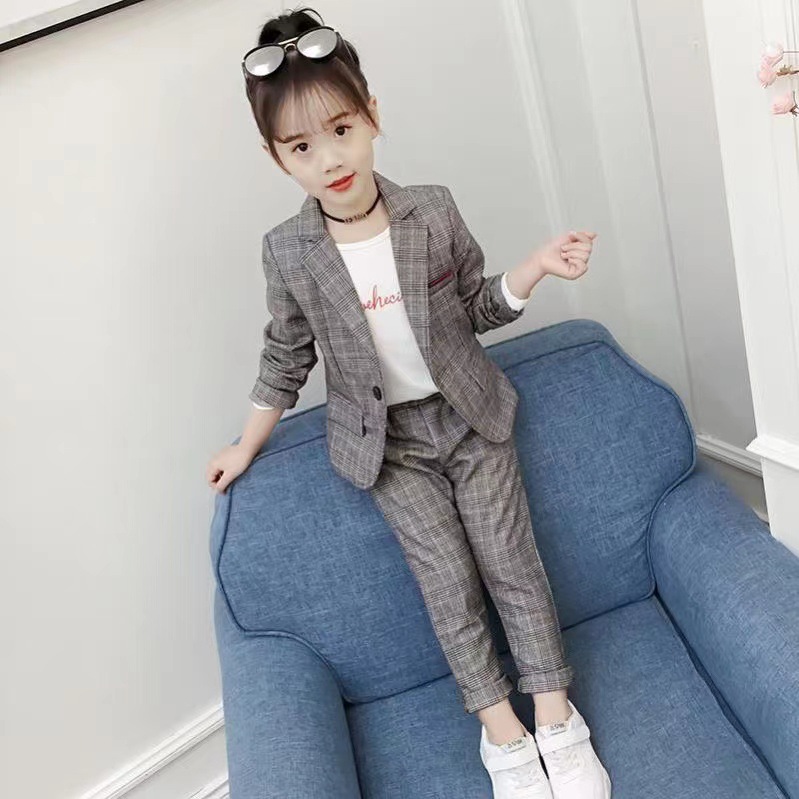 Fashion Girl Outfits 2023 Autumn Winter Tops Skirt Tops Pant Baby kids Formal Teenagers Plaid Jacket Blazer Children Clothes R230814