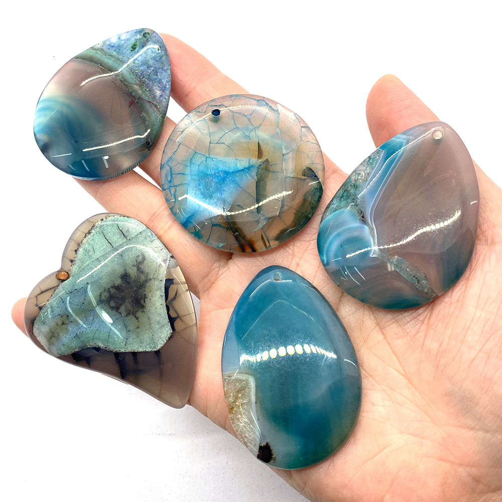 Charms Smooth Blue Dragon Vein Agate Pendant Necklace Bracelet Geometric Craft Natural Stone Earrings Jewelry Making Accessories 230907