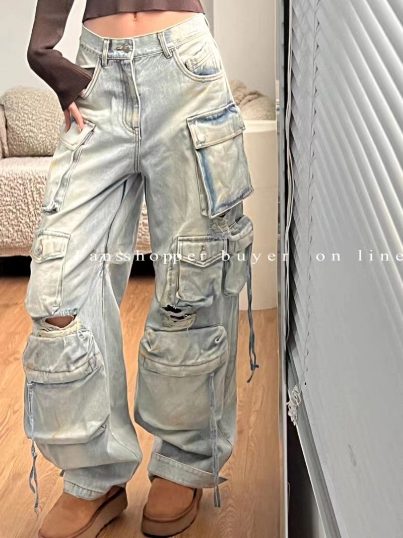 Women's Jeans Heavy Industry Multi-Pocket Washed Cargo Pants Women Y2K Vintage Streetwear High-Rise Loose Oversized Straight-Leg Jeans 230907