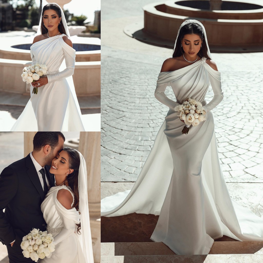 ful Mermaid Wedding Dresses Long Sleeves Bridal Gowns With Detachable Train Pleated One Shoulder Necke Satin Vestido De Novia