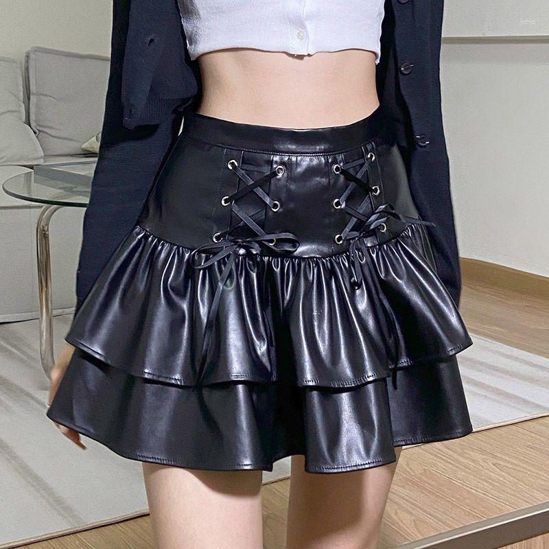 Skirts STSVZORR Y2K Lacing Black Leather Skirt Half Womens PU High Waist Bow Slim Pleated Mini
