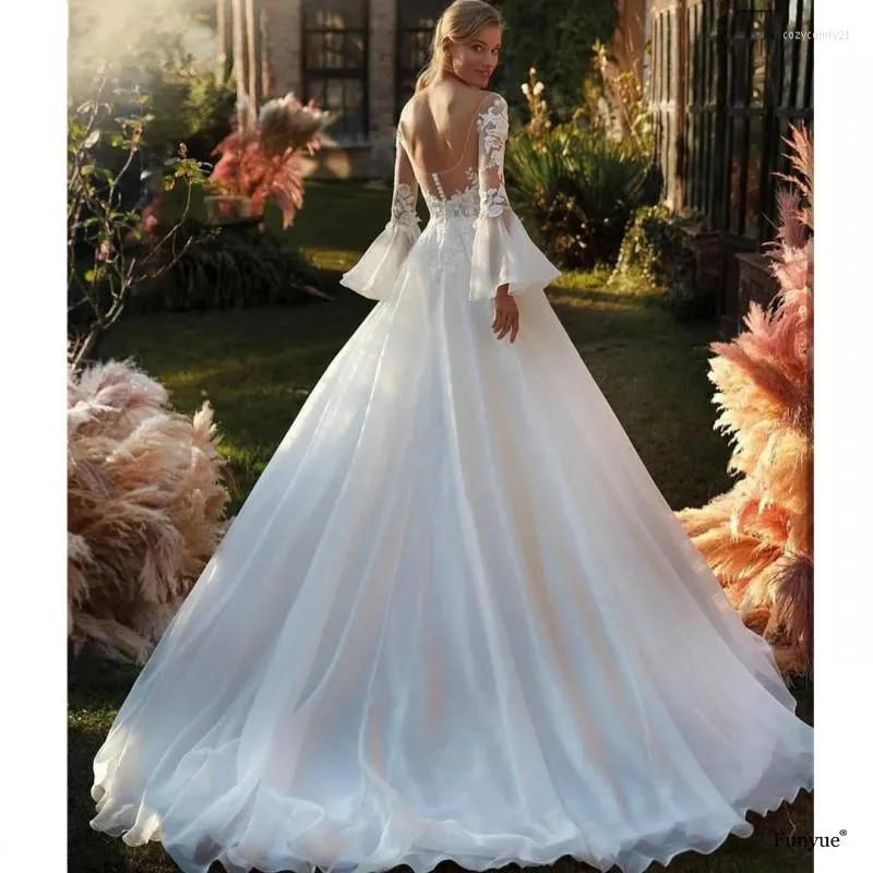 Beach Wedding Dress Gorgeous White 2026 Arrival Sexy Backless Long Flare Sleeve A-Line Tulle Bridal Gown O-Neck Vestidos De Fiesta