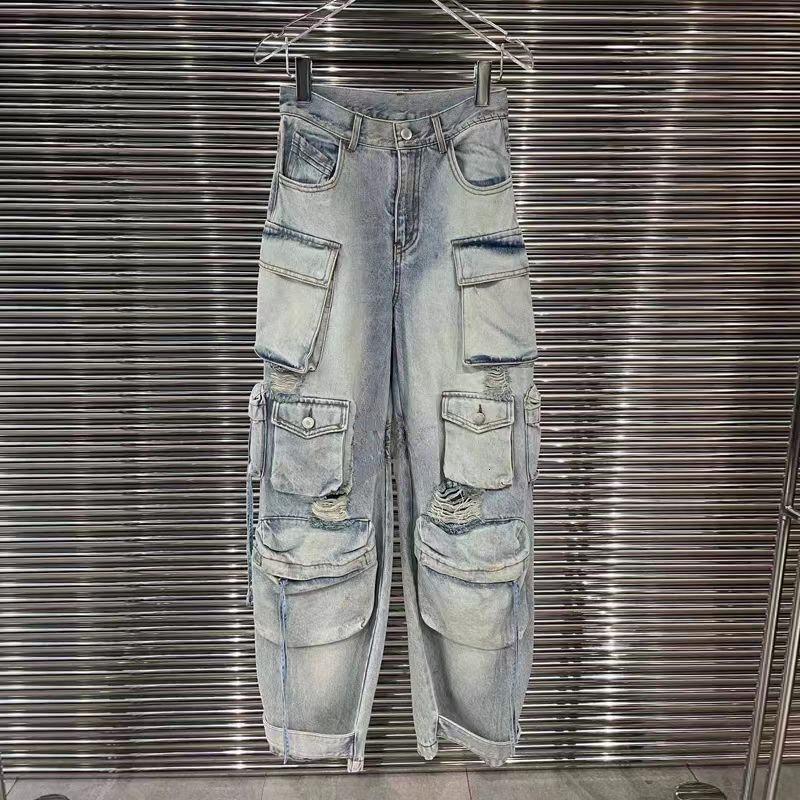 Women's Jeans Heavy Industry Multi-Pocket Washed Cargo Pants Women Y2K Vintage Streetwear High-Rise Loose Oversized Straight-Leg Jeans 230907