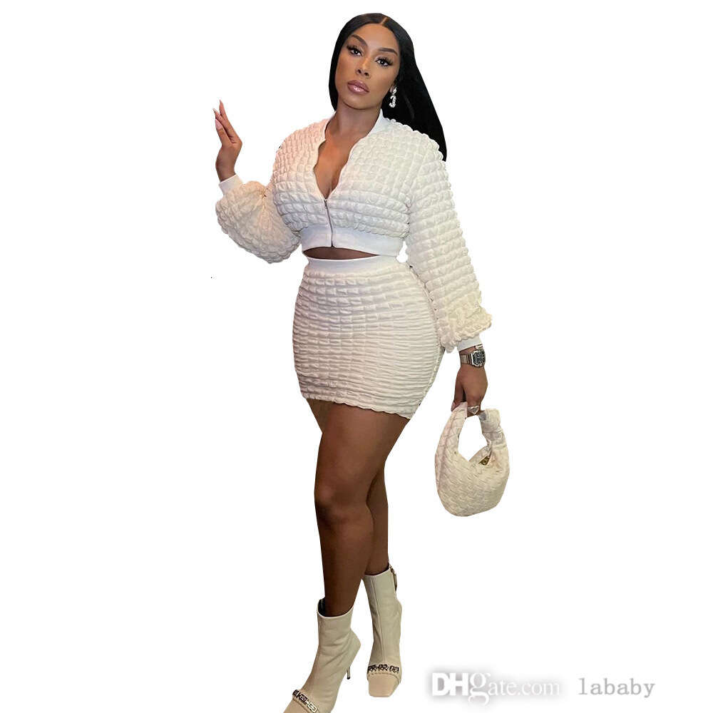 Autumn Womens Two Piece Dress Set Fashion Pleated Tracksuit Zipper Long Sleeve Crop Top Coat Casual Slim Fit Wrap Hip Mini Skirt Sets Outfits
