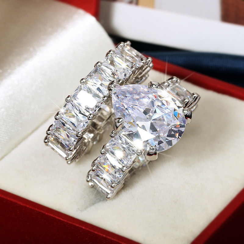 Ins Top Sell Wedding Rings Sparkling Luxury Jewelry 925 Sterling Silver Water Drop 5A Cubic Zircon Party CZ Diamond Gemstones Women Wedding Couple Bri
